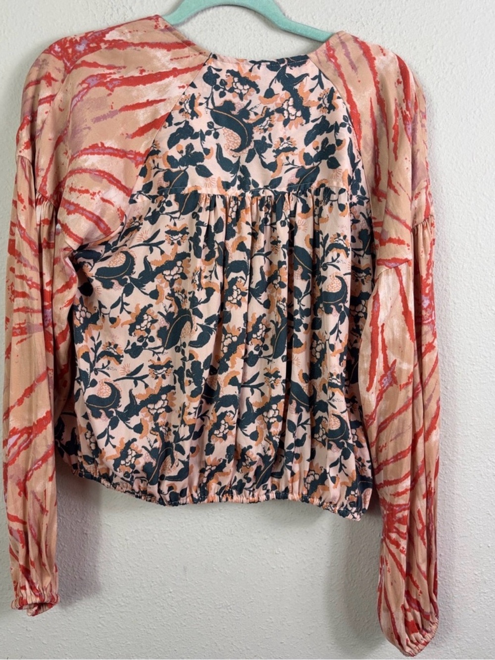 Free People Peach Printed Cropped Wrap Top with Lace Trim - Picture 3 of 4